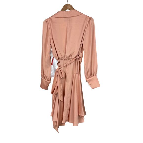 Mac Duggal NWT Salmon Peach Bishop Long Sleeve Satin Short Wrap Dress Size 0 - Picture 4 of 10